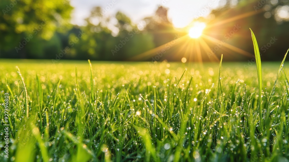 A close-up of dew-covered grass illuminated by sunlight in a serene environment. A close-up of dew-covered grass illuminated by sunlight in a serene environment.