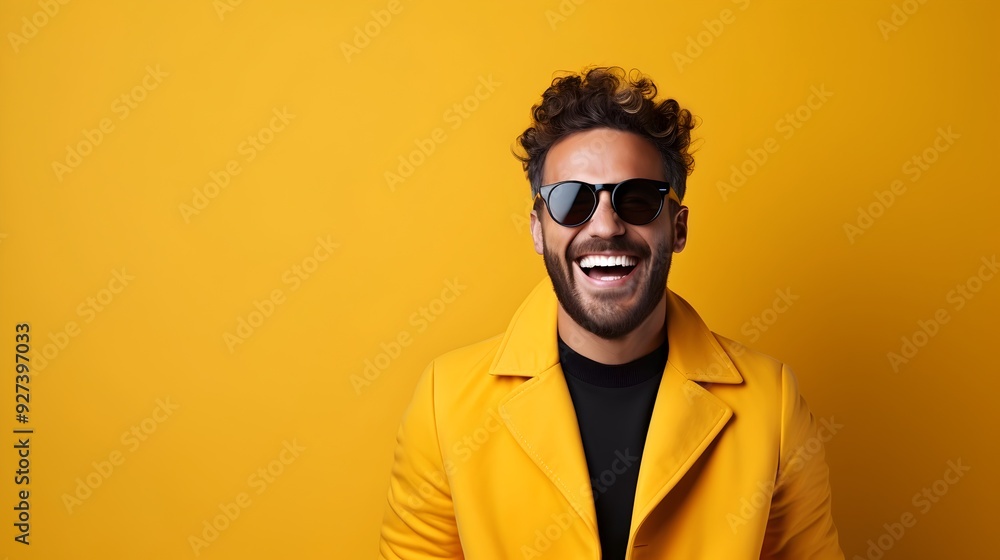 Fototapeta premium Confident and Cheerful Businessman Wearing Yellow Jacket and Sunglasses in Studio Portrait
