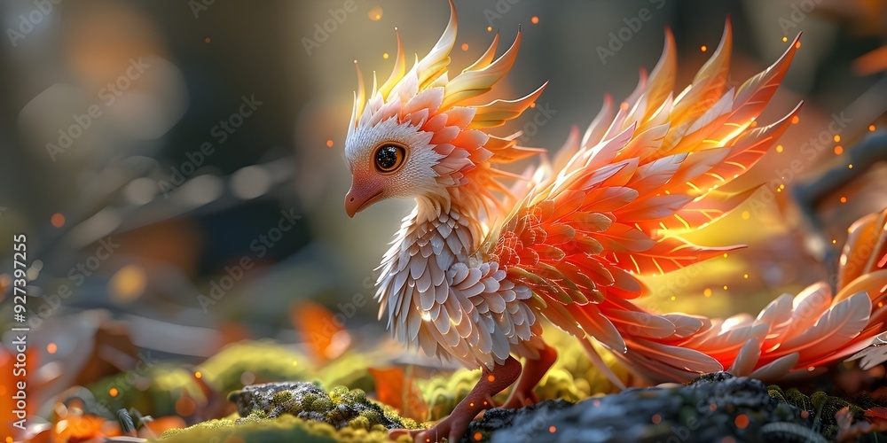 Fototapeta premium Captivating Mythical Avian Creature Amid Lush Foliage with Radiant Feathers and Glowing Accents