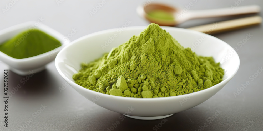 Matcha tea powder in a ceramic bowl Matcha tea powder in a ceramic bowl