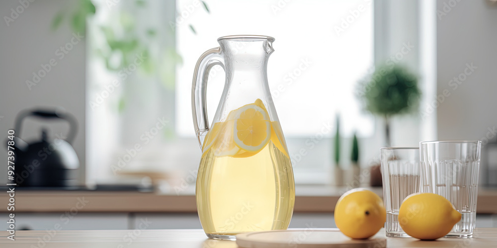 Glass jugs with fresh cold lemonade Glass jugs with fresh cold lemonade