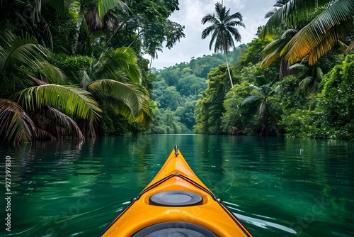 Kayaker s Perspective in Lush Tropical Jungle Waterway photo