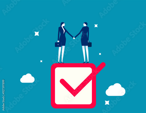 Commitment, promise or agreement to deliver or finish work, leadership skill or trust on work responsibility. Businessman handshake on tick completed checkbox. Accountability or engagement concept