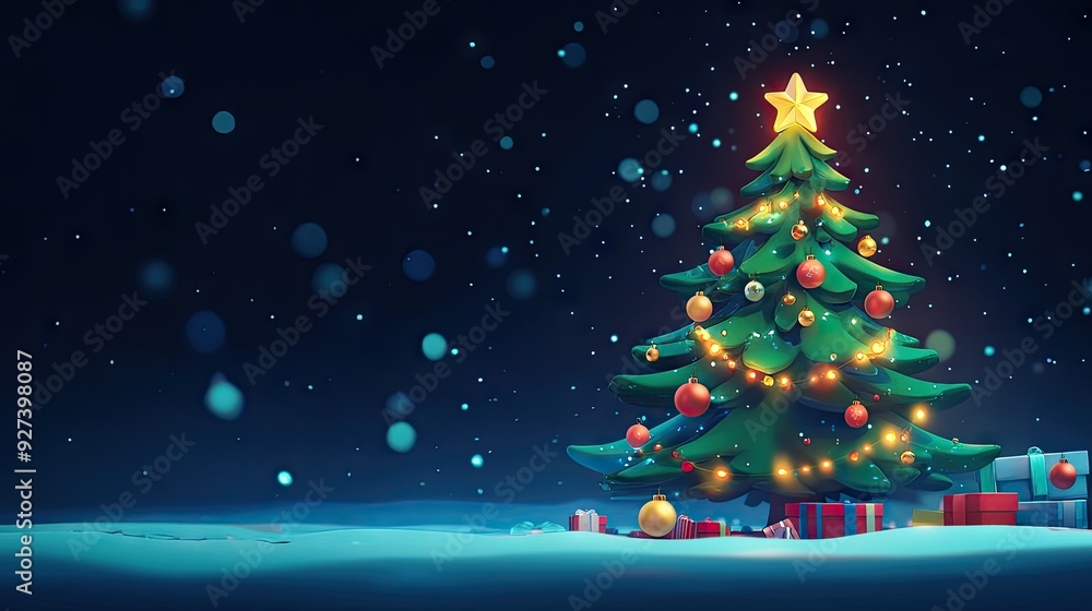 A cartoon Christmas tree with twinkling lights on a blue background, space for Christmas greetings. A cartoon Christmas tree with twinkling lights on a blue background, space for Christmas greetings.