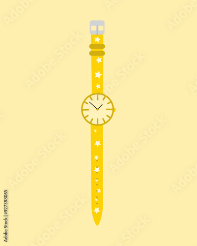 Illustration of a yellow wristwatch on a light yellow background.