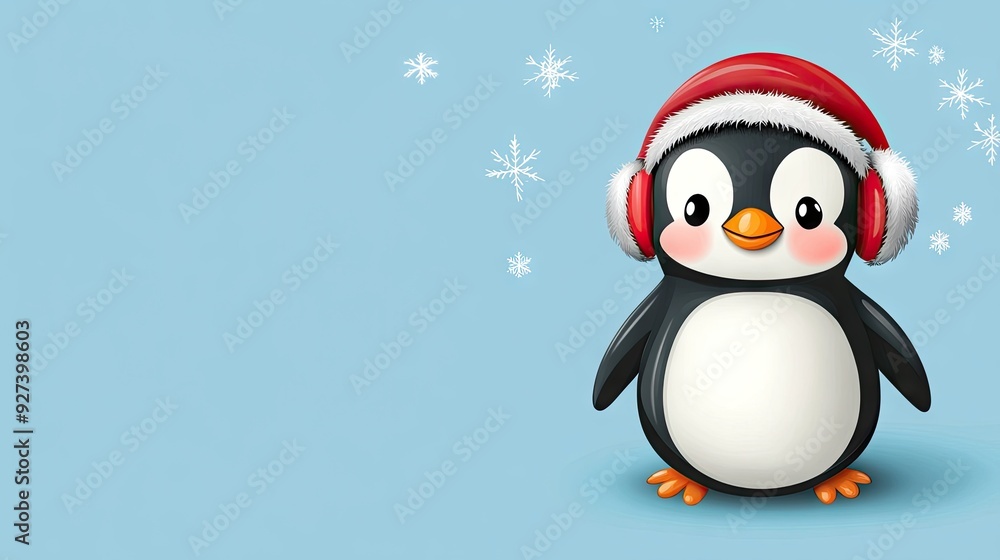 A cartoon penguin with earmuffs on a blue background, with space for Christmas greetings. A cartoon penguin with earmuffs on a blue background, with space for Christmas greetings.