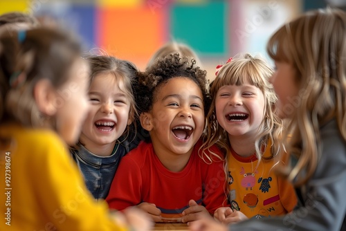 Group of Joyful Students Laughing and Bonding in a Vibrant Classroom Setting