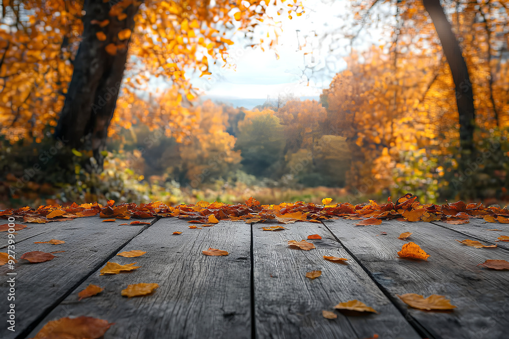 Autumn background, close up of old empty wooden table over the lake with trees and leaves with copy space Autumn background, close up of old empty wooden table over the lake with trees and leaves with copy space