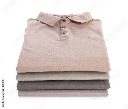 Stack of clean colorful t-shirts isolated on white