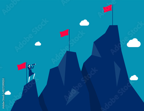 Ambition to success and achieve target, career growth or business goals, challenge to win, achievement or victory concept, motivated businessman reach mountain peak aiming to achieve higher targets.