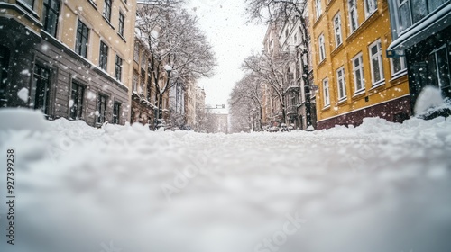 Snowy Street in Urban Cityscape with Falling Snow and Quiet Winter Atmosphere