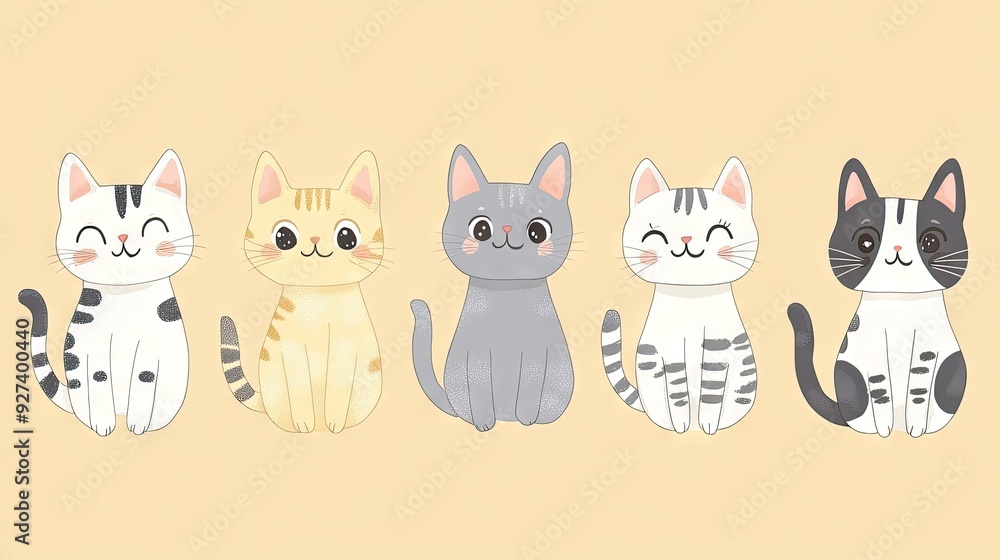 Obraz premium A collection of adorable cats with pastel-colored fur, set against a soft yellow background, isolated and sweet.