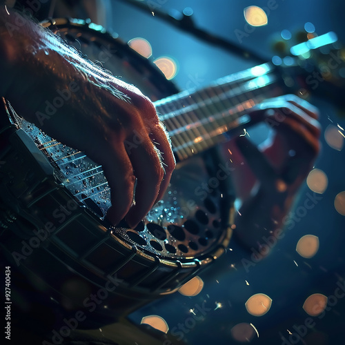 A hand strumming a banjo, with the strings transforming into the lights of a modern pop concert stage. 64k, UHD, High definition a?