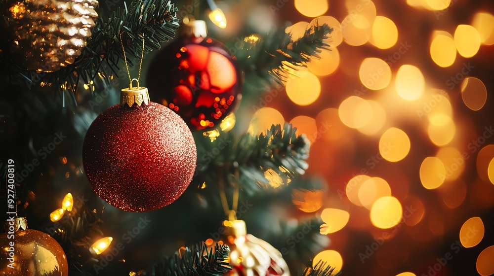 A festive close-up of Christmas ornaments on a decorated tree, glowing with warm bokeh lights, capturing holiday spirit. A festive close-up of Christmas ornaments on a decorated tree, glowing with warm bokeh lights, capturing holiday spirit.