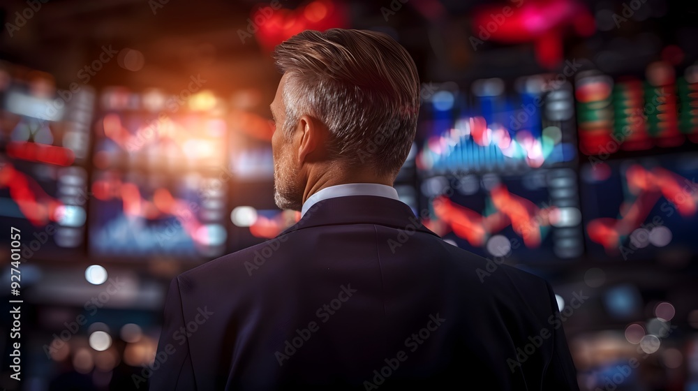 Businessman Monitoring Dynamic Financial Data Displayed on Multiple Screens in a High Tech Corporate Office Setting Businessman Monitoring Dynamic Financial Data Displayed on Multiple Screens in a High Tech Corporate Office Setting