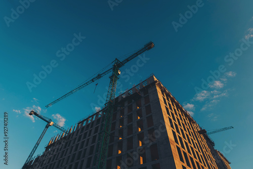 building around crane construction equipment. Construction of apartment building from concrete, monolithic slabs. Industrial construction of houses,developer company,construction crane.