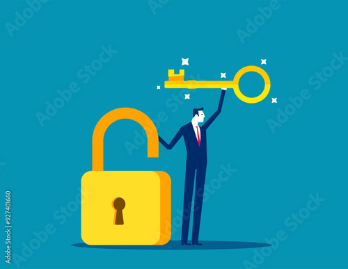 Golden key to unlock, solve business problem, professional to give solutions, success business key or unlock business accessibility concept, smart businessman holding golden key to unlock the pad.