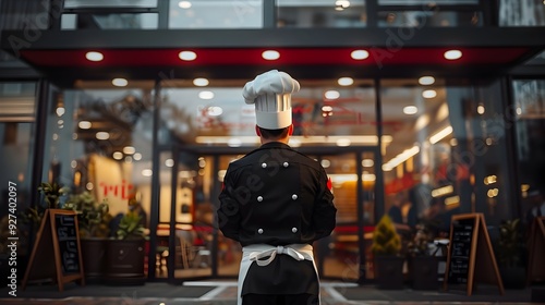 Wallpaper Mural Professional Chef Stands at Entrance of High End Gourmet Restaurant with Vibrant Decor Torontodigital.ca