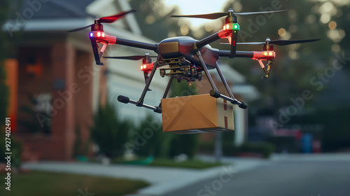 Wallpaper Mural A delivery drone flying in a suburban neighborhood, carrying a package with trees and houses blurred in the background. Torontodigital.ca