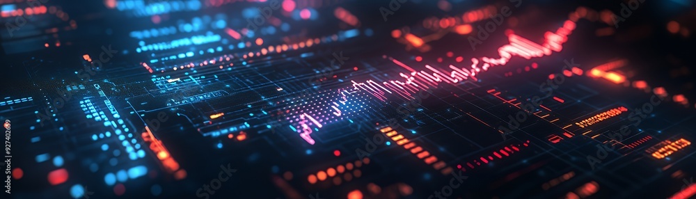A close-up shot of a futuristic digital interface with glowing red and blue lines and dots on a dark background. A close-up shot of a futuristic digital interface with glowing red and blue lines and dots on a dark background.