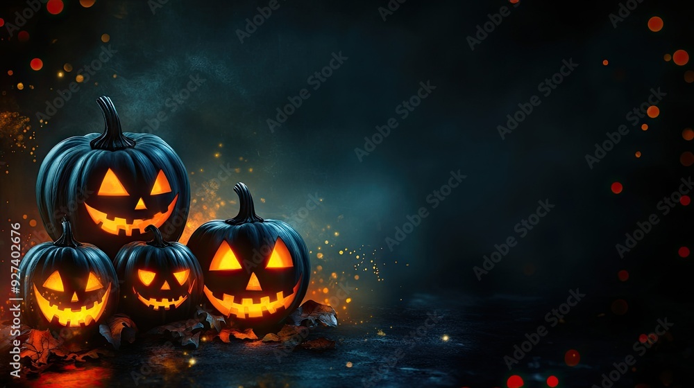 Naklejka premium A dark and eerie Halloween background with glowing pumpkins, creating a spooky celebration.