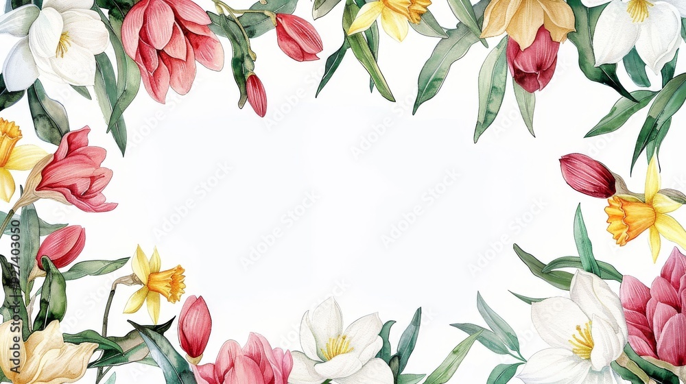 Obraz premium Beautiful spring floral frame with colorful flowers and green leaves, perfect for invitations, greeting cards, and seasonal designs.