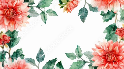 Beautiful watercolor floral border with pink flowers and green leaves, creating a perfect frame for your creative designs and projects.