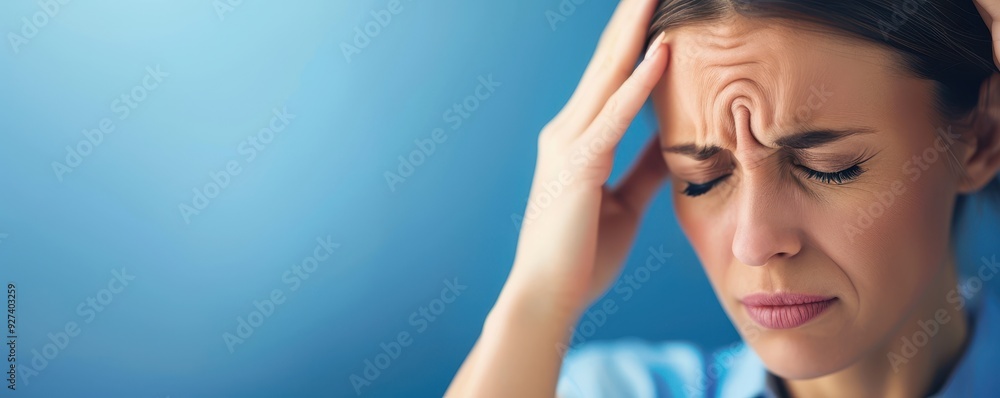Close-up of a woman experiencing a headache, holding her head in pain. Blue background emphasizing her discomfort. Close-up of a woman experiencing a headache, holding her head in pain. Blue background emphasizing her discomfort.