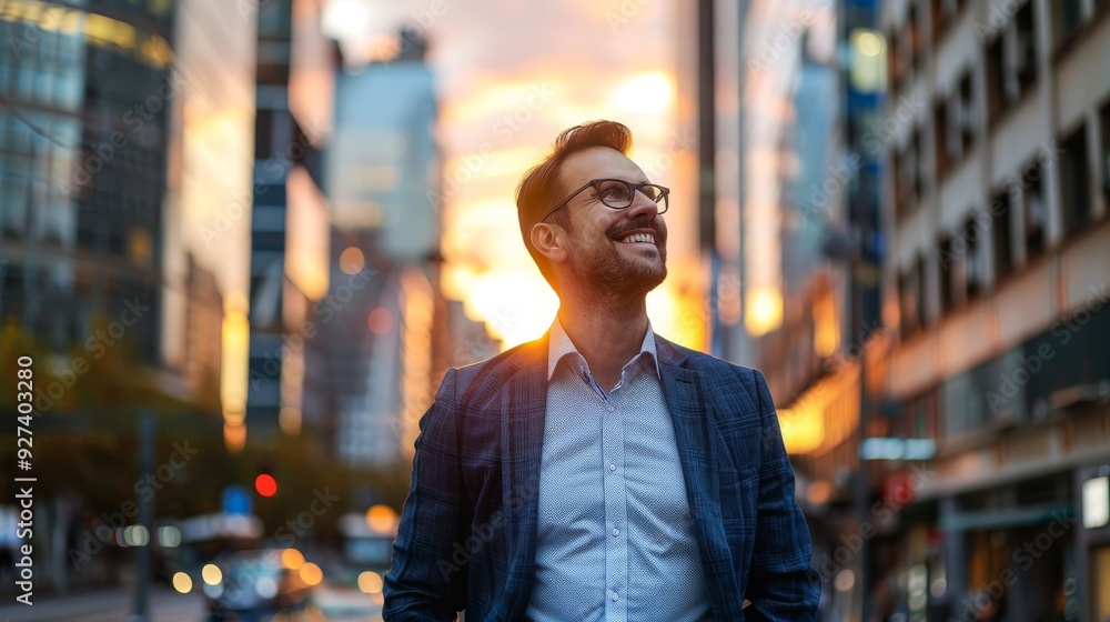 Confident businessman smiling while walking through the city streets during a vibrant sunset, showcasing urban professional lifestyle. Confident businessman smiling while walking through the city streets during a vibrant sunset, showcasing urban professional lifestyle.