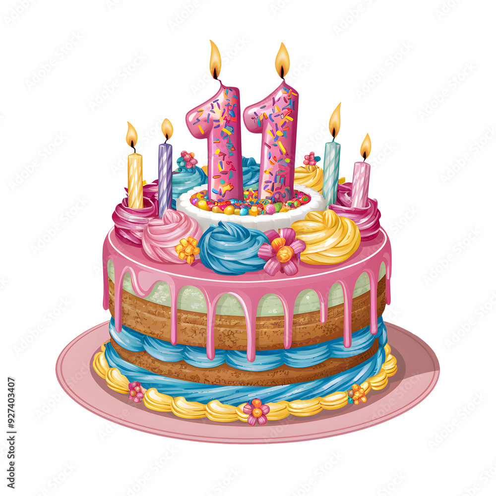 Cheerful Eleventh Birthday Cake with Pink Icing and Floral Decorations Cheerful Eleventh Birthday Cake with Pink Icing and Floral Decorations