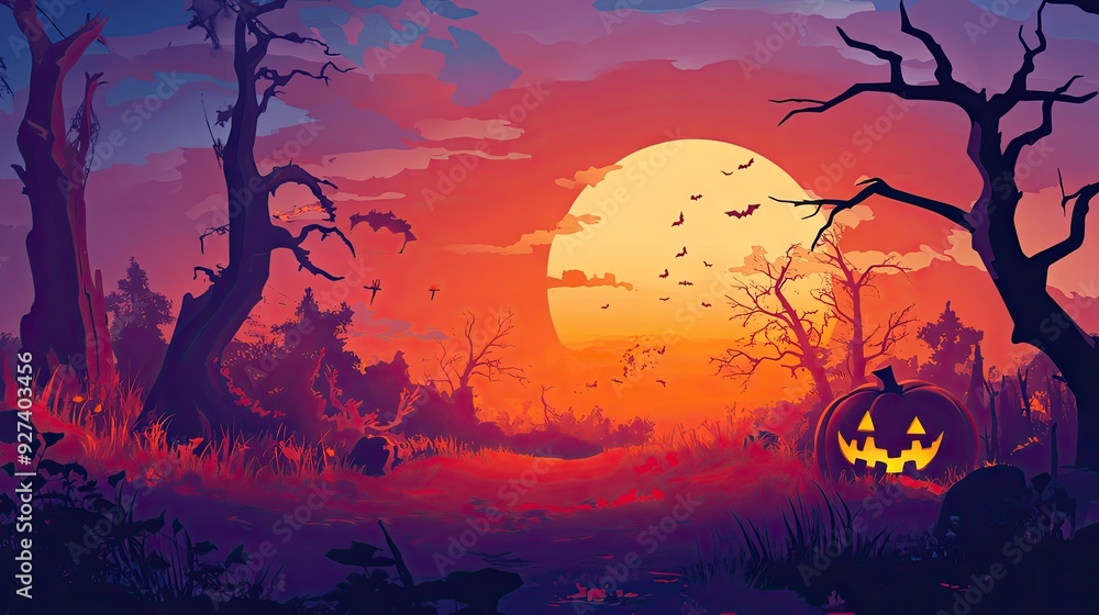 A dramatic Halloween landscape with a creepy pumpkin design, ideal for a spooky atmosphere. A dramatic Halloween landscape with a creepy pumpkin design, ideal for a spooky atmosphere.