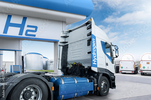 A hydrogen fuel cell semi truck with H2 gas cylinder onboard next to filling station. Eco-friendly commercial vehicle concept