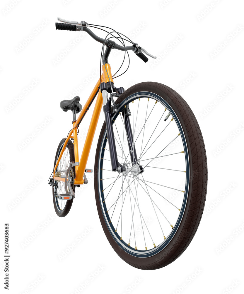 Obraz premium Orange bicycle, front side view with wide angle shot of the front wheel. Black leather saddle and handles. Png clipart isolated on transparent background