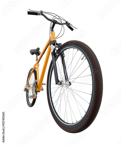 Orange bicycle, front side view with wide angle shot of the front wheel. Black leather saddle and handles. Png clipart isolated on transparent background photo