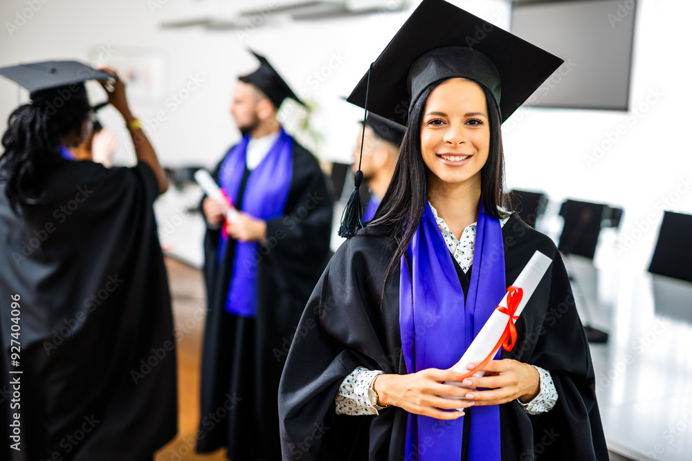 Φωτογραφία Portrait of graduate student in toga holding her diploma in front of her friends