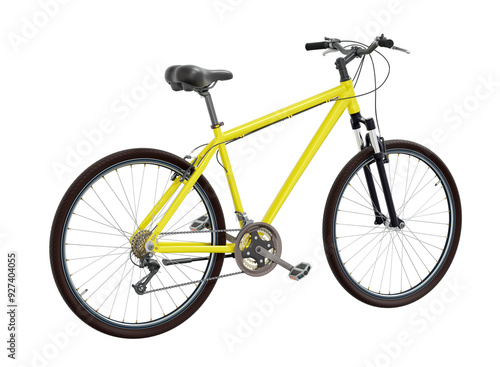 yellow bicycle, top back view. Black leather saddle and handles. Png clipart isolated on transparent background