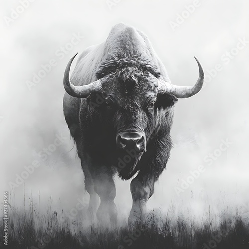 wild bison,buffolo walking out of the mist, digital wallpaper photo