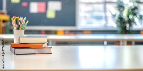 Wallpaper Mural School Banner With Books and Pencils on Classroom Desk With Blurred Background Torontodigital.ca