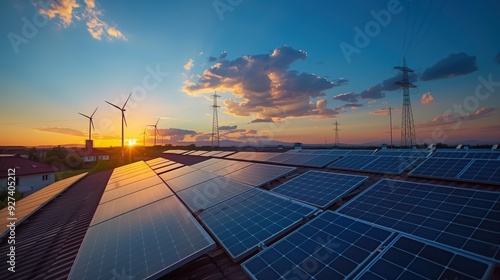 Renewable Energy Landscape with Solar Panels and Wind Turbines at Sunset in a Sustainable Environment