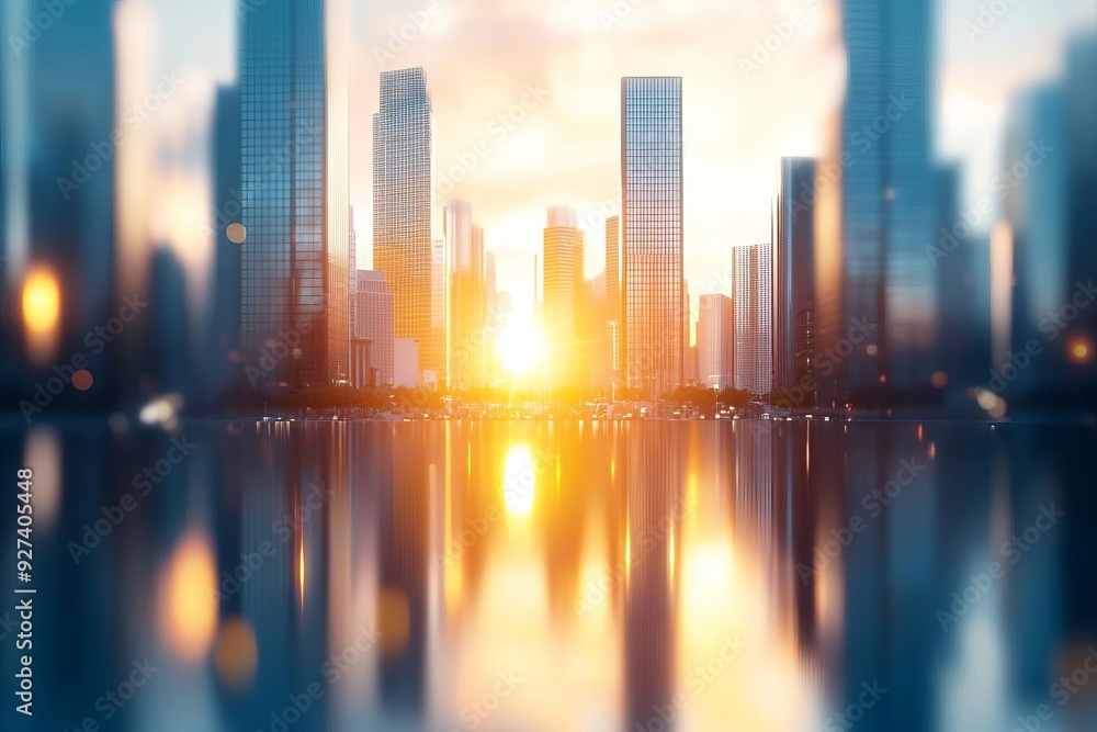 A tranquil cityscape captured at sunset, featuring modern skyscrapers reflecting golden hues on water. A tranquil cityscape captured at sunset, featuring modern skyscrapers reflecting golden hues on water.