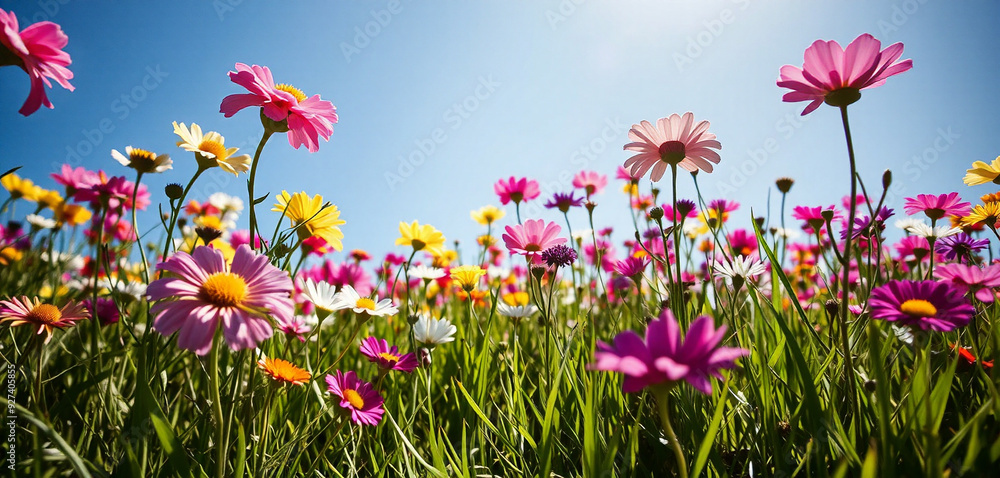 field of flowers under blue sky field of flowers under blue sky