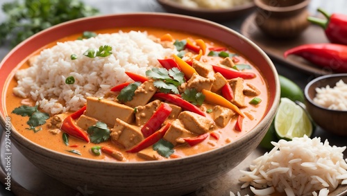 A bowl of red curry with tofu, bell peppers, and rice