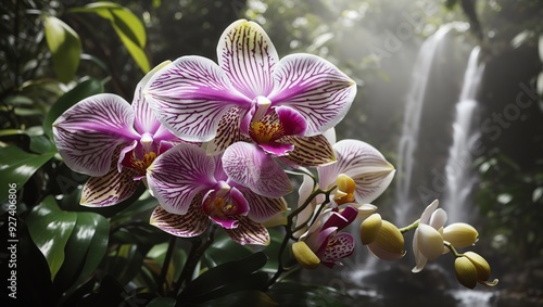 Pink and white orchids are in a lush, green rainforest setting, 
