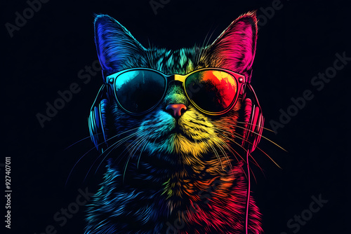 A colorful cat wearing sunglasses and headphones, showcasing a vibrant and playful design against a dark background.