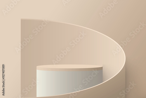 Monochrome podium against a matching wall with a coordinating cylindrical backdrop.