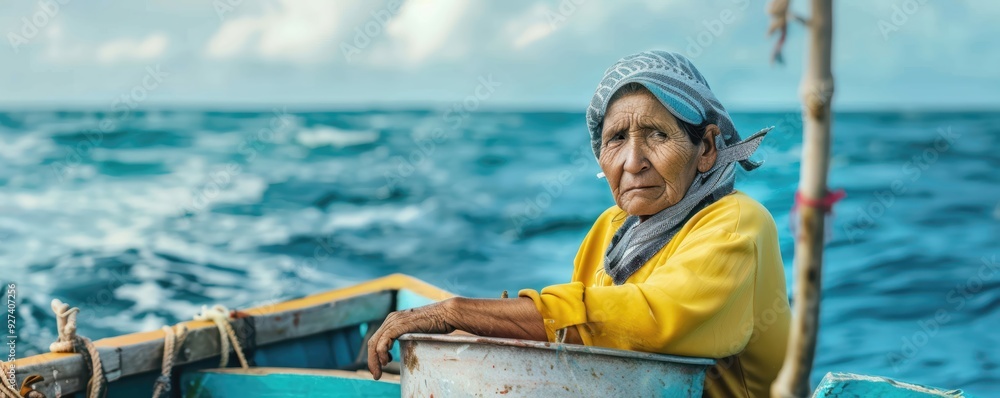 Obraz premium Mexican woman working on a fishing boat in the sea, serious expression.