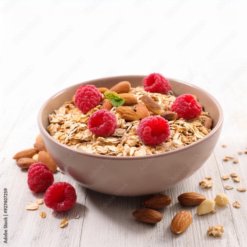 Muesli with oats, raspberries and nuts