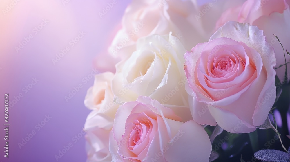 A close-up view of soft pink and white roses against a gentle gradient background. A close-up view of soft pink and white roses against a gentle gradient background.