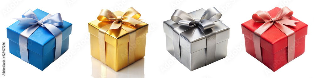 Obraz premium Colorful gift boxes with elegant ribbons on transparent background, perfect for celebrations, holidays, birthdays, and festive occasions. Blue, gold, silver, and red presents symbolize joy and giving.