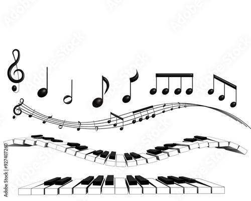 Wavy piano keys and music notes